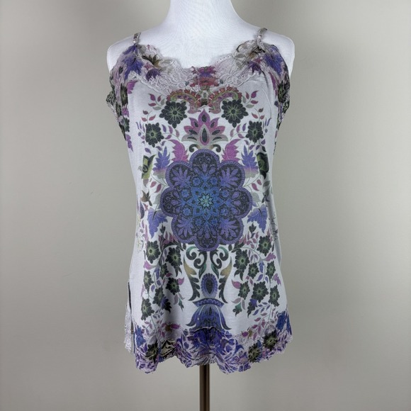 Weavers Tops - Vintage Y2K‎ Weavers Tank Top Womens XL Gray Purple Floral Lace Trim Fairy Cami